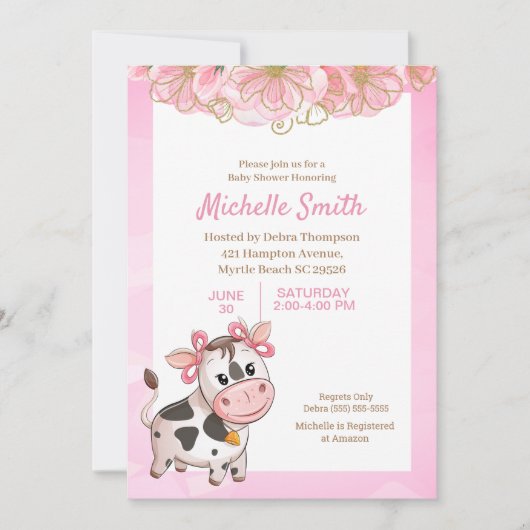 Roze en Witte Schattige Koe Bloemige Baby Shower U Kaart (Voorkant)