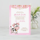 Roze en Witte Schattige Koe Bloemige Baby Shower U Kaart (Staand voorkant)