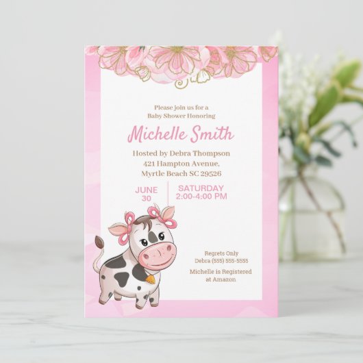 Roze en Witte Schattige Koe Bloemige Baby Shower U Kaart (Staand voorkant)