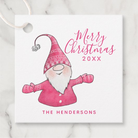 Roze en witte Schattigee Gnome Custom Merry Christ Bedankjes Labels (Voorkant)