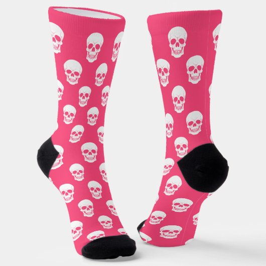 Roze en witte schedel silhouet patroon Halloween Sokken (Gebogen)
