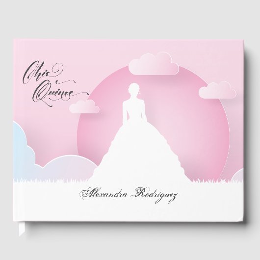Roze en witte Silhouette met Moon Quinceanera Gastenboek (Voorkant)