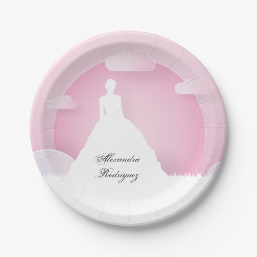 Roze en witte Silhouette met Moon Quinceanera Papieren Bordje (Voorkant)