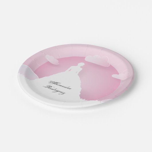 Roze en witte Silhouette met Moon Quinceanera Papieren Bordje (Gekanteld)