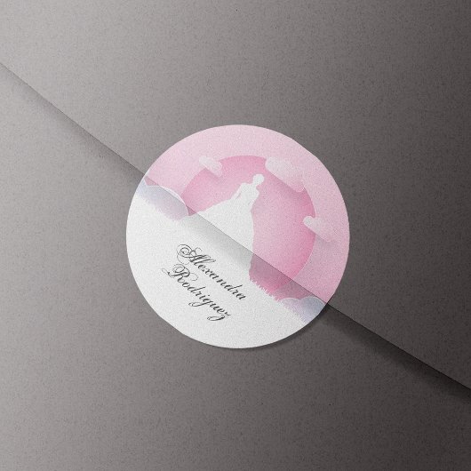 Roze en witte Silhouette met Moon Quinceanera Ronde Sticker