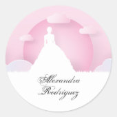 Roze en witte Silhouette met Moon Quinceanera Ronde Sticker (Voorkant)