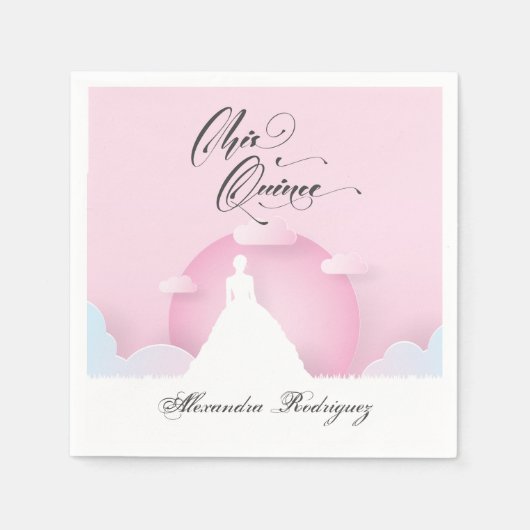 Roze en witte Silhouette met Moon Quinceanera Servet (Voorkant)
