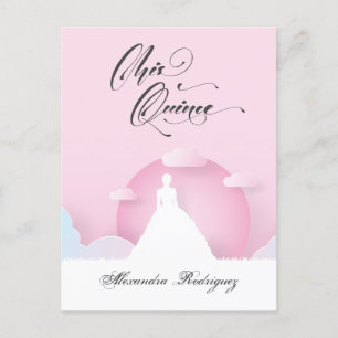 Roze en witte Silhouette met Moon Quinceanera Uitnodiging Briefkaart