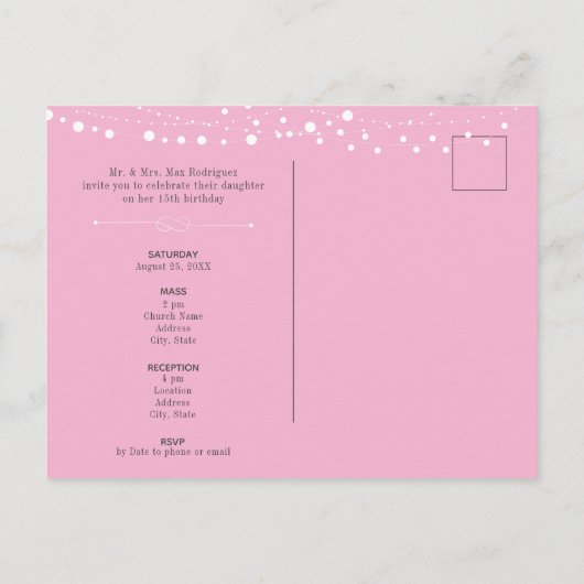 Roze en witte Silhouette met Moon Quinceanera Uitnodiging Briefkaart (Achterkant)