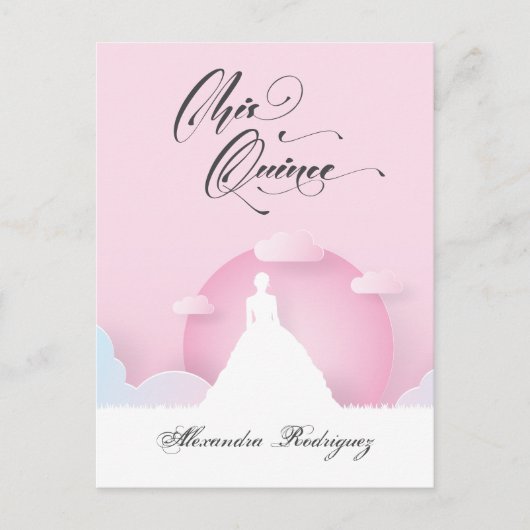 Roze en witte Silhouette met Moon Quinceanera Uitnodiging Briefkaart (Voorkant)