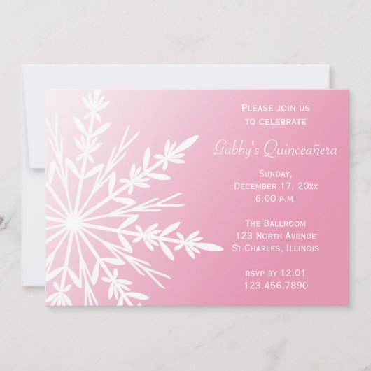 Roze en witte sneeuwvlok Winter Quinceañera Invite Kaart (Voorkant)