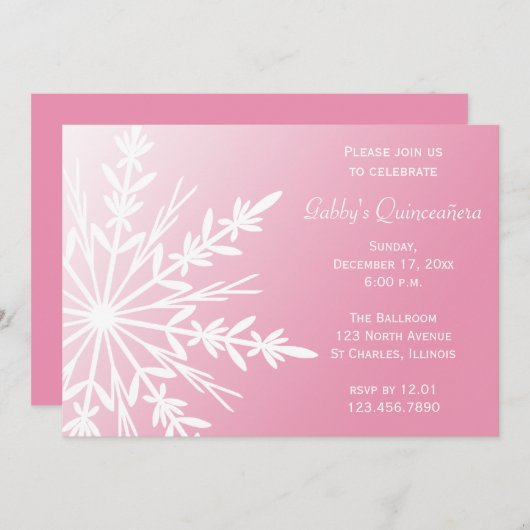 Roze en witte sneeuwvlok Winter Quinceañera Invite Kaart (Voorkant / Achterkant)