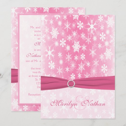 Roze en Witte Sneeuwvlokken Huwelijksuitnodiging Kaart (Voorkant / Achterkant)