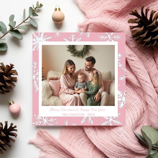 Roze en Witte Sneeuwvlokken Vakantie Kaart