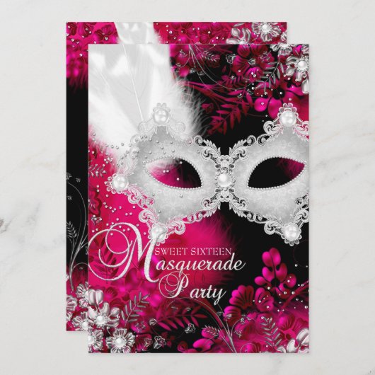 Roze en witte sparkle Masquerade Sweet 16 Kaart (Voorkant / Achterkant)