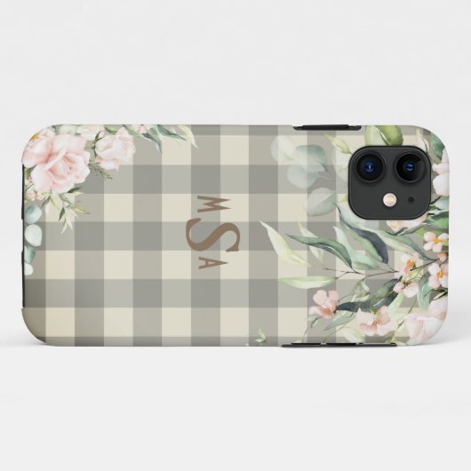 Roze en witte speldenham Tan Floral Monogram Case-Mate iPhone Case (Achterkant (horizontaal))