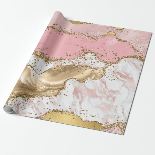 Roze en Witte Steen met Gouden Glitters Agate Cadeaupapier (Uitgerold)