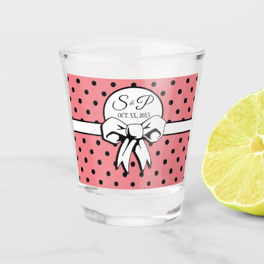 Roze en witte stippen met een boog gepersonaliseer shot glas (Voorkant)