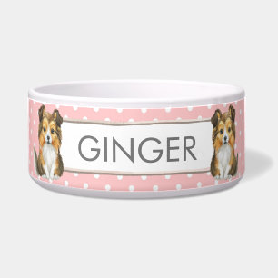 Roze en witte stippen   Sheltie gepersonaliseerd  Voerbakje