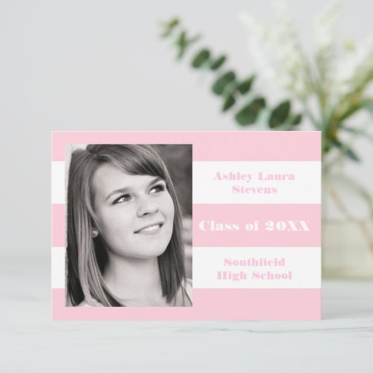 Roze en witte streep - 3x5 Afstuderen aankondiging (Staand voorkant)