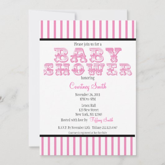 Roze en witte streep Circus Baby shower Invitati Kaart (Voorkant)