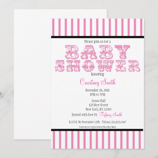 Roze en witte streep Circus Baby shower Invitati Kaart (Voorkant / Achterkant)