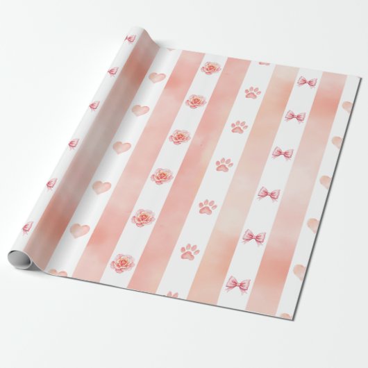 Roze en witte streep - Harten, Roos, Paw Print Cadeaupapier (Uitgerold)