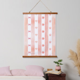 Roze en witte streep - Harten, Roos, Paw Print Hangend Wandkleed