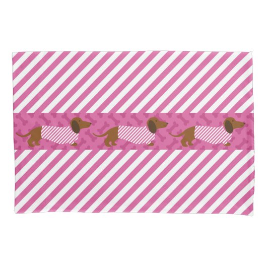 Roze en witte streep Hoesjes van de Dachshund Pill Kussensloop (Voorkant-Links)