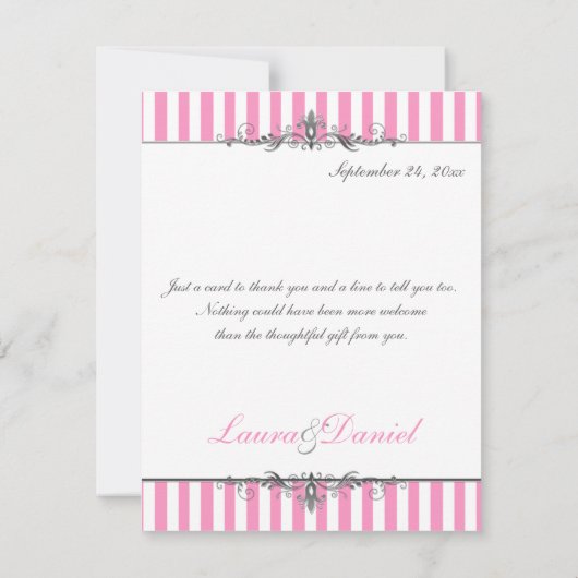 Roze en witte streep met zilver Hartelijk dank Bedankkaart (Achterkant)