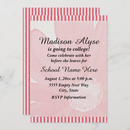 Roze en witte streep "Off to College" uitnodigen Kaart (Voorkant / Achterkant)