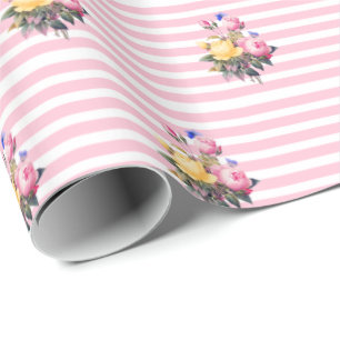 Roze en witte streep Shabby Floral Chic Gift Wrap Cadeaupapier
