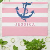 Roze en witte strepen Blauw Nautisch Anker 2 Theedoek (Gevouwen)
