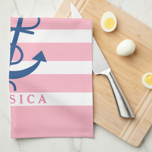 Roze en witte strepen Blauw Nautisch Anker 2 Theedoek (Quarter Fold)