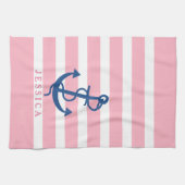 Roze en witte strepen Blauw Nautisch Anker 2 Theedoek (Horizontaal)