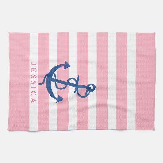Roze en witte strepen Blauw Nautisch Anker 2 Theedoek (Horizontaal)