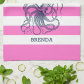 Roze en witte strepen Blauw nitisch octopus Theedoek (Gevouwen)