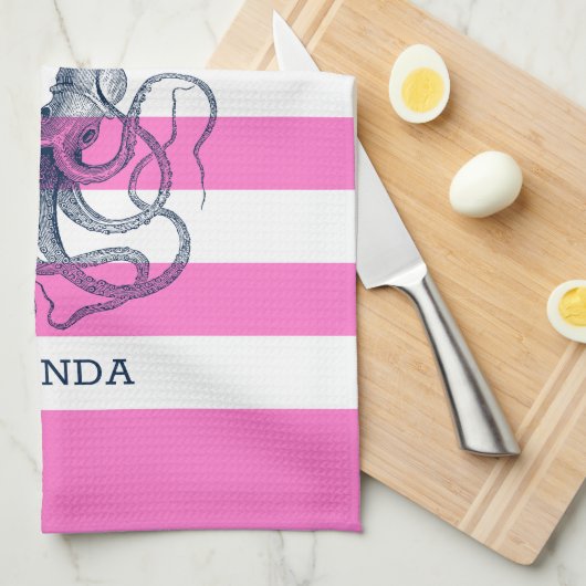 Roze en witte strepen Blauw nitisch octopus Theedoek (Quarter Fold)