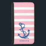 Roze en witte strepen Blauwe, niet-selectieve beve<br><div class="desc">Witte en lichtroze strepen patroon met een blauw-nautische anker-anker-illustratie.  monogram. Aanpasbare ankergrootte.</div>