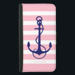 Roze en witte strepen Blauwe, niet-selectieve beve<br><div class="desc">Witte en lichtroze strepen met een blauw-nautische anker eenvoudige illustratie.  monogram in voorgestelde roze doopvontkleur. Aanpasbare ankergrootte.</div>