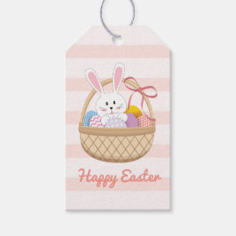 Roze en witte strepen een paascent in mandje cadeaulabel