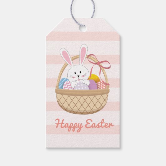 Roze en witte strepen een paascent in mandje cadeaulabel (Voorkant)