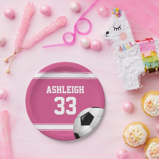 Roze en witte strepen Jersey Voetbal Papieren Bordje (Feest)