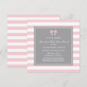 Roze en witte strepen met Bow Baby shower Brunch Kaart (Voorkant / Achterkant)