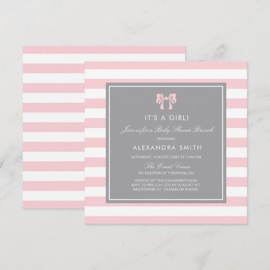 Roze en witte strepen met Bow Baby shower Brunch Kaart (Voorkant / Achterkant)