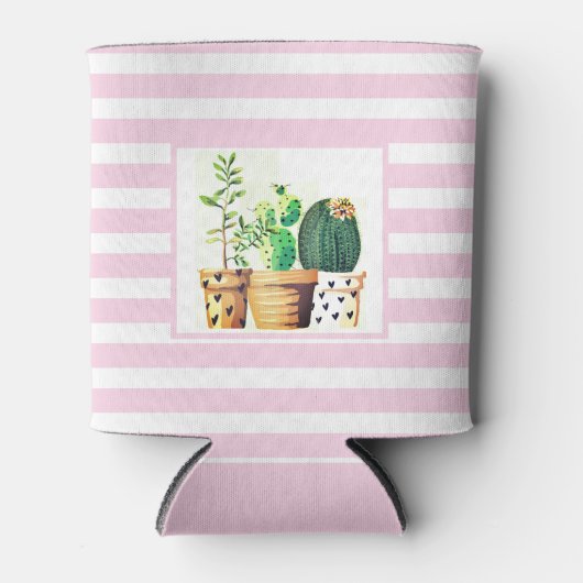 Roze en witte strepen met Cactus Succulents Foam Blikjeskoeler (Voorkant)