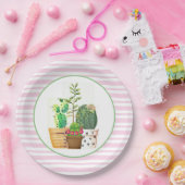Roze en witte strepen met Cactus Succulents Papieren Bordje (Feest)