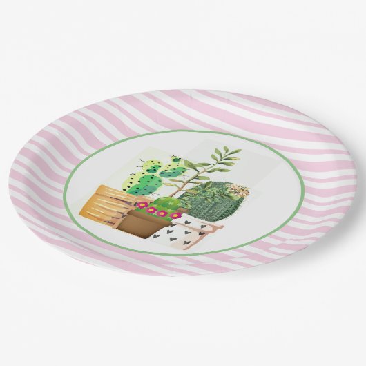 Roze en witte strepen met Cactus Succulents Papieren Bordje (Gekanteld)