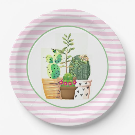 Roze en witte strepen met Cactus Succulents Papieren Bordje (Voorkant)