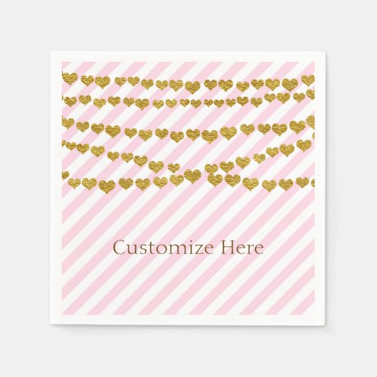 Roze en witte strepen met Gold Hearts Party Servet (Voorkant)